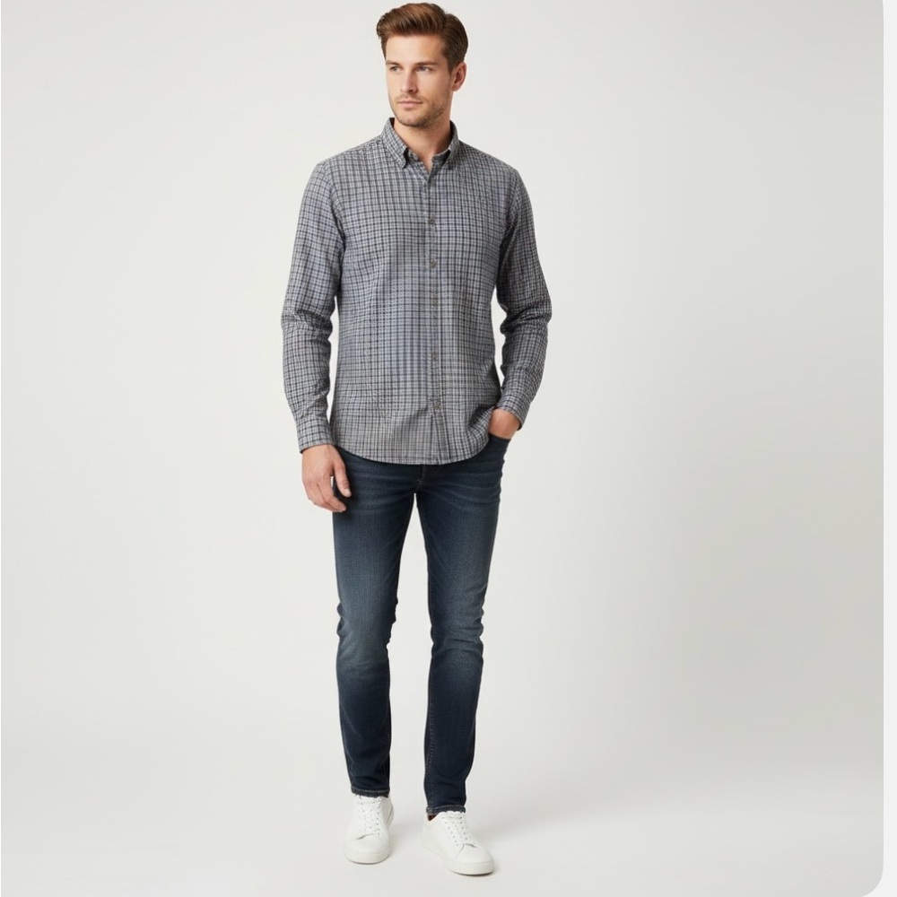 Theory Men’s Blue & Gray Plaid Cotton Button-Down Shirt Sz L